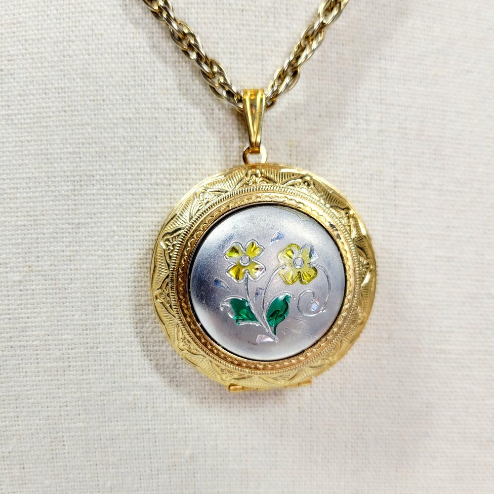Vintage Domed Locket Necklace with Yellow Enamel Flowers Silver Gold Etched